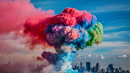 Colorful smoke bomb explosion over city stock photo and background image
