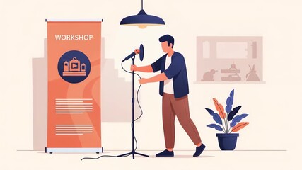 Flat vector man is setting up microphone for workshop, preparing for presentation, seminar, conference, and training event, improving communication skill isolated on white background