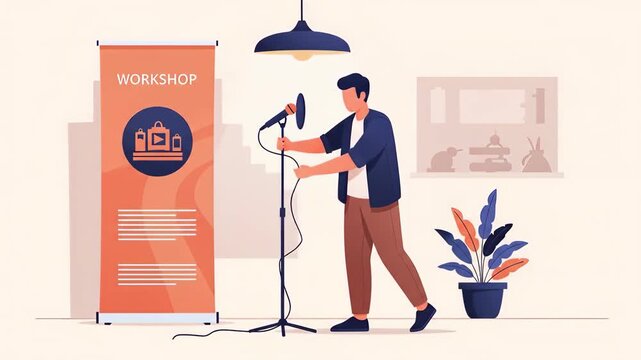 Flat vector man is setting up microphone for workshop, preparing for presentation, seminar, conference, and training event, improving communication skill isolated on white background