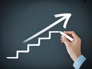 Hand drawing a white arrow graph indicating upward business growth on a dark background