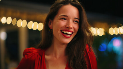 Obraz premium Vibrant Night Portrait of a Smiling Woman with Warm Lighting and Bokeh Background