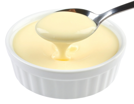 Spoon Scooping Vanilla Pudding from Ceramic Bowl, Dynamic Action Shot, isolated PNG.