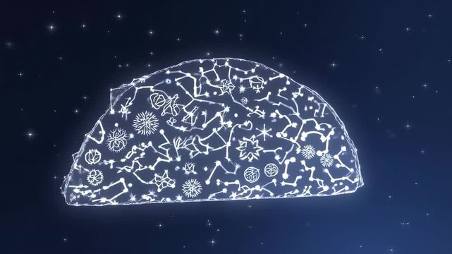 Half-taco-shaped object, glowing white, filled with constellation-like designs, set against a dark starry night sky