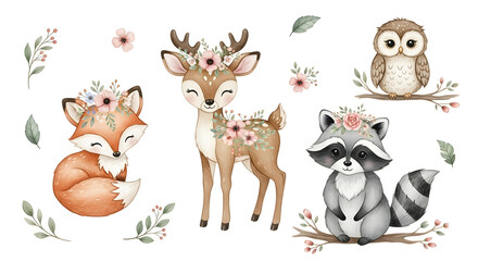 Obraz premium Watercolor set of forest cartoon isolated cute baby fox, deer, raccoon and owl animal with flowers. Nursery woodland illustration. Bohemian boho drawing for nursery poster, pattern