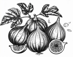 Detailed Black and White Illustration of Fresh Figs with Leaves and Cross Sections on White Background