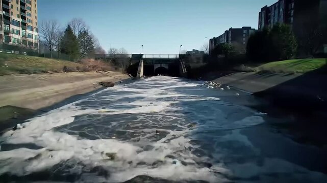 Aerial gimbal shot flying low over a turbulent urban waterway, tracking the foamy discharge from a concrete sewer outfall in a modern cityscape.
