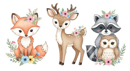 Naklejka premium Watercolor set of forest cartoon isolated cute baby fox, deer, raccoon and owl animal with flowers. Nursery woodland illustration. Bohemian boho drawing for nursery poster, pattern