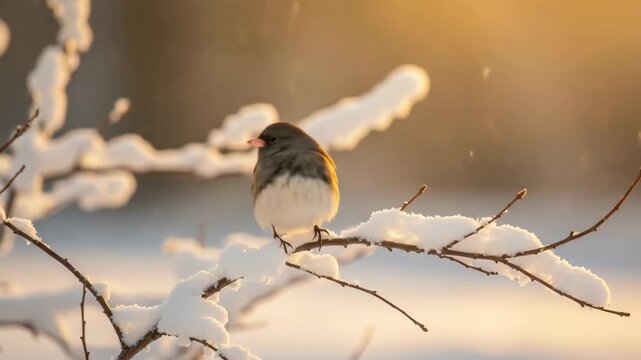 Junco bird perched on a snow-covered branch in golden winter light.