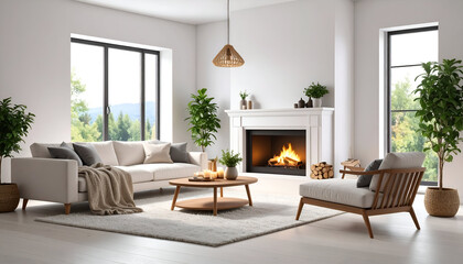 Fototapeta premium Cozy Living Room Fireplace Interior Design.