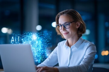 A focused woman wearing glasses works on a laptop with a glowing AI digital interface in a modern, dimly lit office space at night.