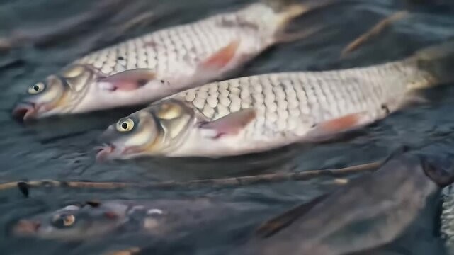 Dead fish floating in contaminated water, a grim scene of ecological disaster and water pollution's impact on aquatic wildlife and ecosystems.