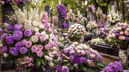Obraz premium Floral Tribute at a Cemetery: A Symphony of Purple and Pink