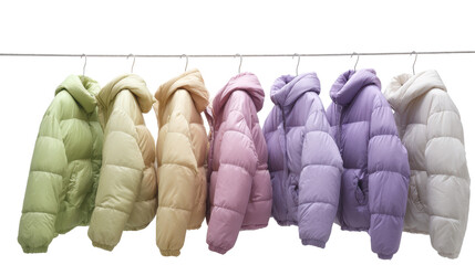 Colorful puffer jackets hanging in a row on a white isolated background.