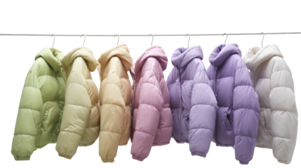 Colorful puffer jackets hanging in a row on a white isolated background.