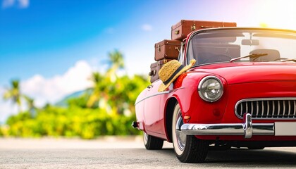 3D rendering of red classic car packed with vintage luggage and a stray hat on top, parked for summer holidays, bright background, fun vacation vibe