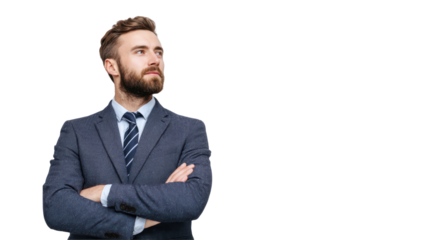 Confident businessman with crossed arms, looking thoughtfully into the distance, isolated on a white background.