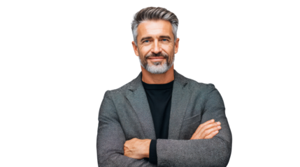 Confident middle-aged man with gray hair and beard, dressed in a stylish blazer, smiling against a white background.