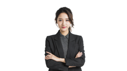 Confident woman in formal attire, arms crossed, isolated on a white background.