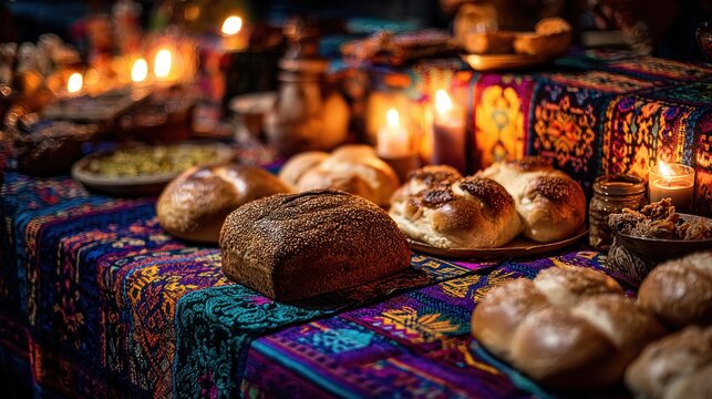 A Festive Table of Baked Goods:  Warmth, tradition, and delicious aromas fill the air as artisan breads and pastries take center stage.
