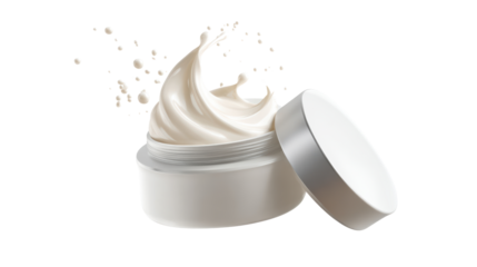 Cream in an open jar with a swirl and flying particles on a white isolated background.