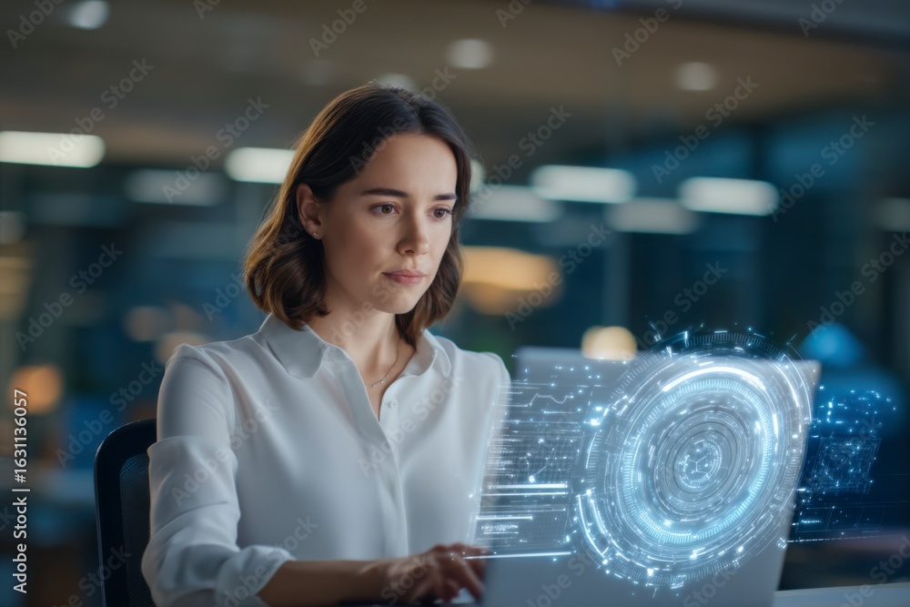 Poster a focused woman works on a laptop displaying a futuristic digital interface with holographic data pr