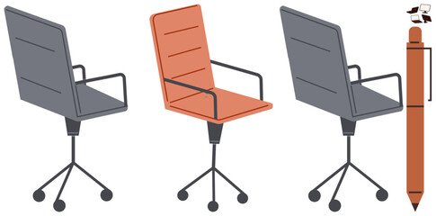 Office chairs in gray and orange, swivel base, paired with a pen and flying paper documents. Ideal for workspace, productivity, corporate branding, minimalism, writing, creativity simple landing