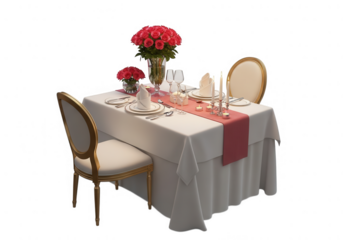 Elegant dining table setting with red roses isolated on transparent background