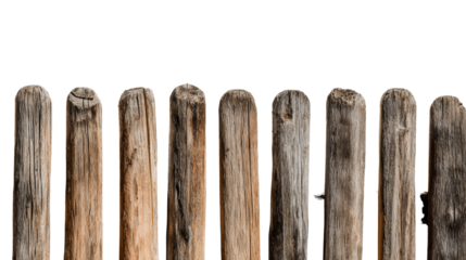 Die-cut wooden fence posts with natural texture, white isolate background.