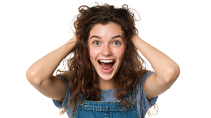 Excited young woman expressing joy with a big smile and hands in her hair, isolated on a white background.