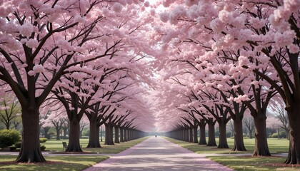 Naklejka premium Experience breathtaking beauty walking through a vibrant tunnel of blooming cherry blossom trees in spring.