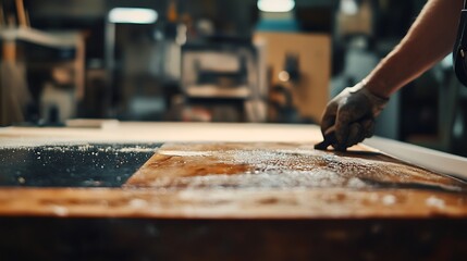 Worker Smoothing Wood Surface in Workshop with Hand Tool