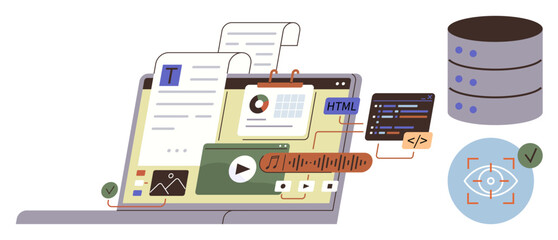 Laptop displaying HTML code, charts, text, multimedia with database and automation concept. Ideal for coding, content creation, data analysis, app design, technology software development simple
