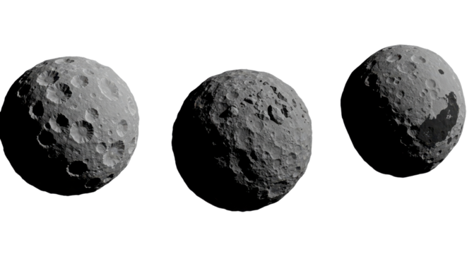Three views of Vesta asteroid isolated PNG with Transparent Background