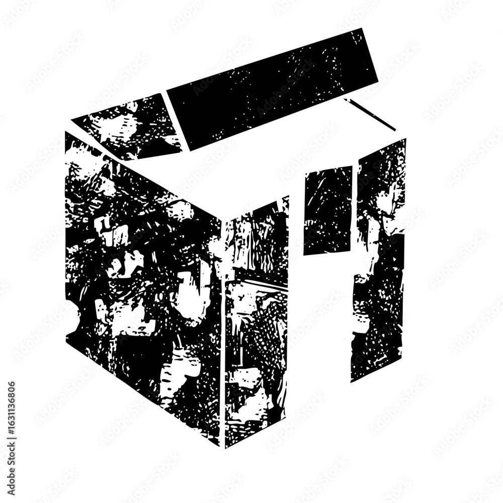 Poster vector geometric cube with open lid and textured surfaces.