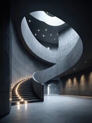 Architectural Marvel: Modern Concrete Spiral Staircase with Ambient Lighting and Skylight, Showcasing Minimalist Design and Interior Space, Creating a Dramatic and Elegant Atmosphere in a Contemporary