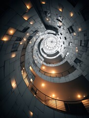 Architectural Spiral Staircase with Skylight, Modern Building Interior with Geometric Design, Abstract Perspective of a Circular Structure, Interior Design with Balconies and Warm Lighting