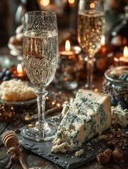 Elegant Still Life with Champagne, Blue Cheese, and Festive Decorations: A Celebration of Fine Food and Drink, Featuring Sparkling Wine, Gourmet Cheese, and Warm Candlelight for a Luxurious and