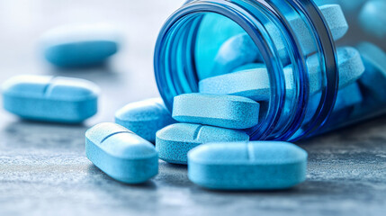 Blue supplement tablets spill from transparent bottle, showcasing synthetic probiotics in clean and modern presentation