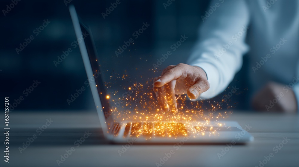 Poster a close-up of a hand interacting with a laptop keyboard, with digital sparks and glowing effects ema