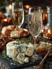 Elegant Still Life with Champagne and Blue Cheese: A Festive Celebration of Flavors, Featuring Sparkling Wine in Crystal Glasses, Creamy Gorgonzola, and Holiday Decorations for a Luxurious and Gourmet