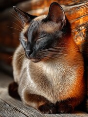 Elegant Siamese Cat Portrait: Serene Feline Beauty with Closed Eyes Resting on Rustic Wood, Showcasing its Distinctive Coloration and Peaceful Demeanor in Warm Natural Light, Perfect for Pet Lovers
