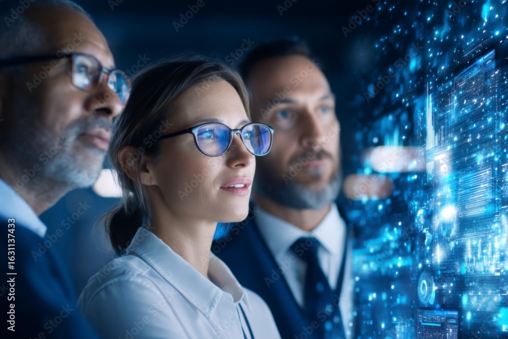 Poster three professionals intently analyzing futuristic digital data on a transparent screen in a high-tec