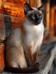 Elegant Siamese Cat with Striking Blue Eyes Posing Outdoors on a Rustic Wooden Bench, Bathed in Warm Sunlight Against a Textured Wooden Wall, Capturing a Moment of Serene Beauty and Feline Grace in