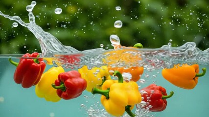 Colorful bell peppers splashing in clear water - Powered by Adobe