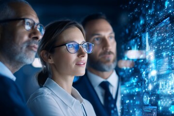 Three professionals intently analyzing futuristic digital data on a transparent screen in a high-tech environment.