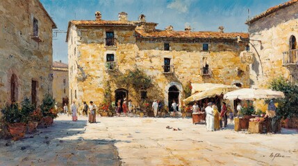 Fototapeta premium A bustling market square in a sun-drenched Italian town.