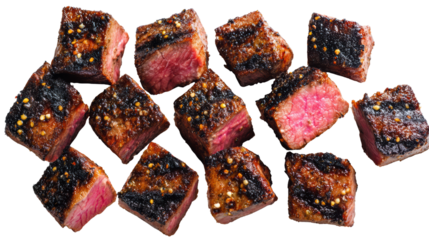 Grilled steak cubes with a crispy exterior and juicy, pink center, ideal for gourmet dishes.