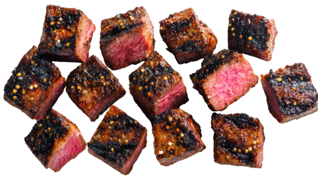 Grilled steak cubes with a crispy exterior and juicy, pink center, ideal for gourmet dishes.