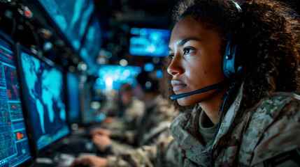 Focused female soldier in military uniform operating advanced surveillance systems in a control room, symbolizing cybersecurity, defense technology, women in military, and modern warfare intelligence
