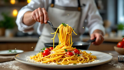 Chef expertly plates mouthwatering spaghetti with fresh tomatoes and parmesan, a culinary masterpiece.